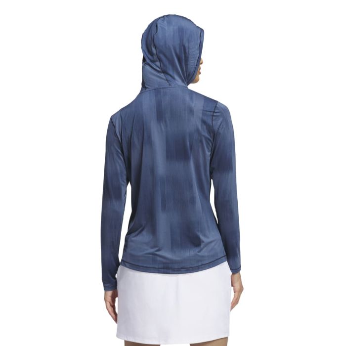 Adidas women's Ultimate365 printed hoodie in black, featuring a colorful graphic design, casual athletic clothing for women.