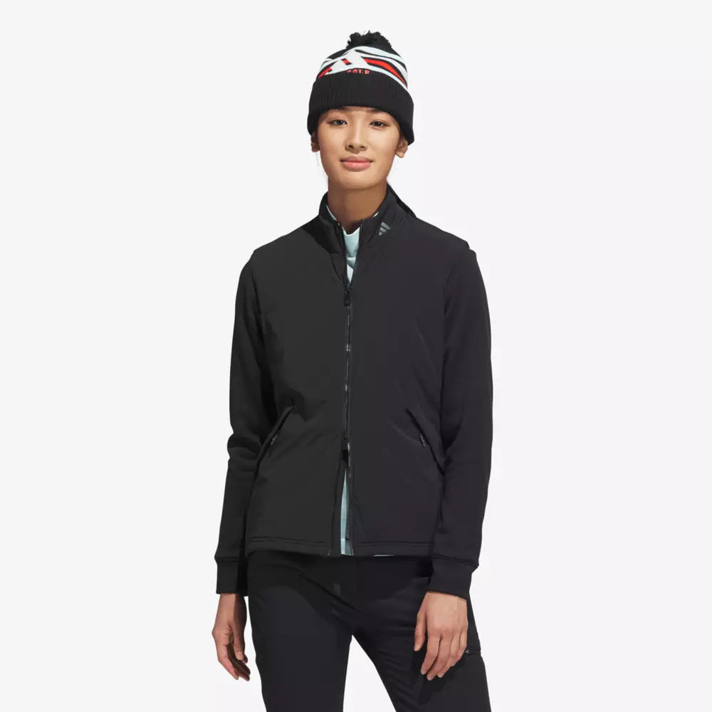 Adidas women's Ultimate365 Tour Frostguard full zip golf jacket with waterproof fabric and sporty design, ideal for cold weather.