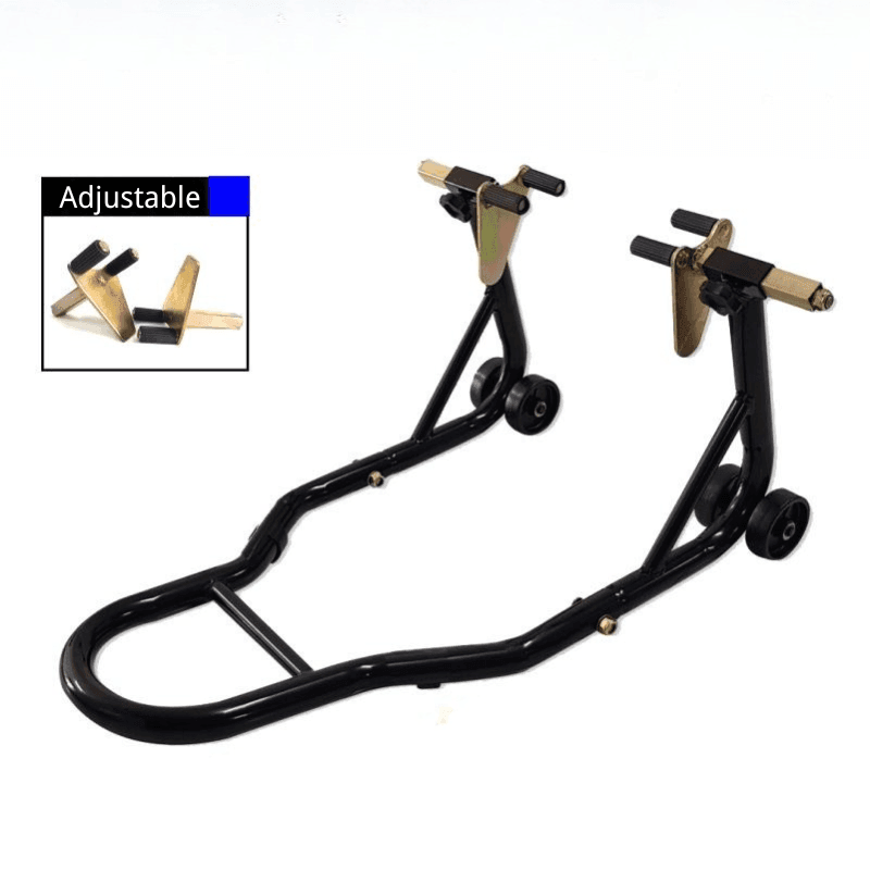 Bean's Moto Booth Liou Stand motorcycle paddock stand dolly, adjustable bike stand for easy maneuvering and storage of motorcycles.