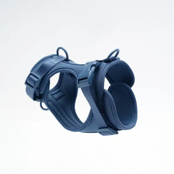 Blue AdventurePro harness by The Wild Paw with adjustable straps and secure buckles for outdoor adventures.