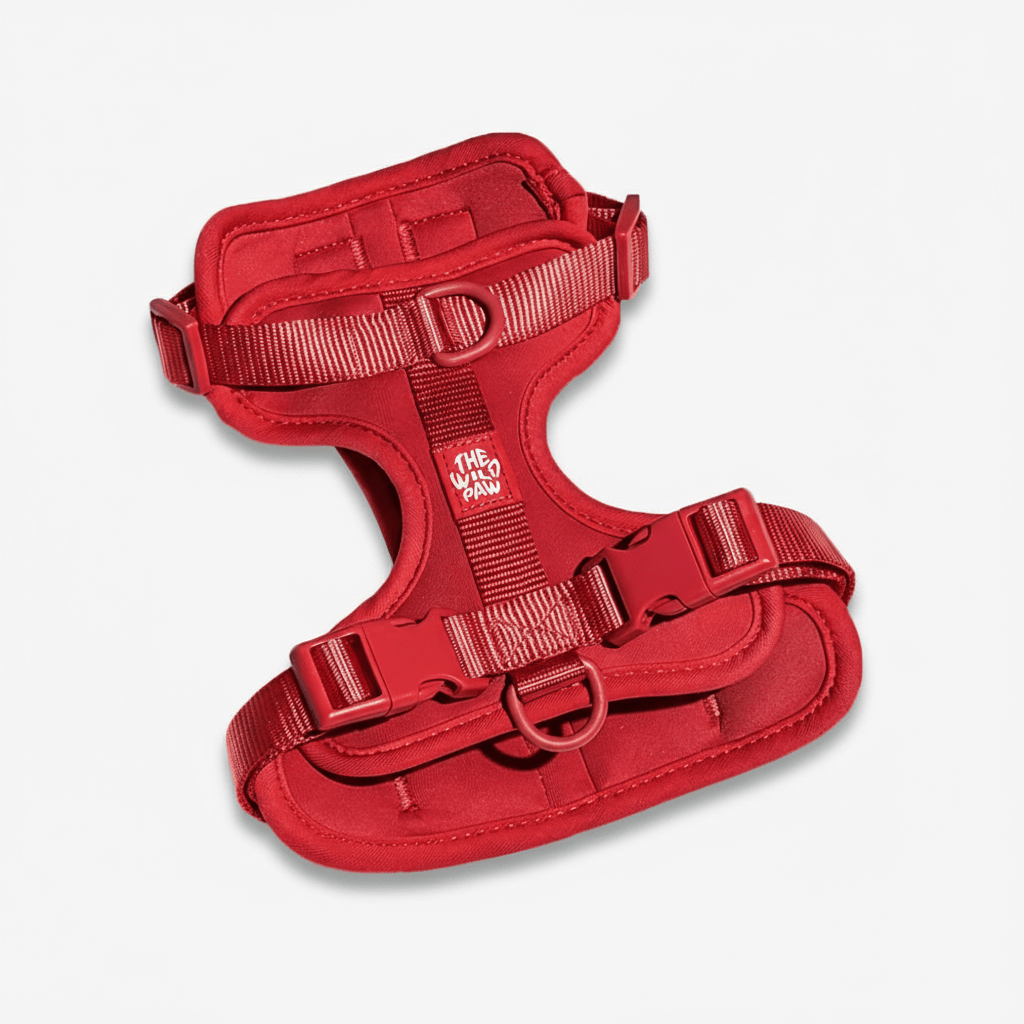 Red AdventurePro Harness by The Wild Paw with adjustable straps and secure buckles for outdoor adventures.