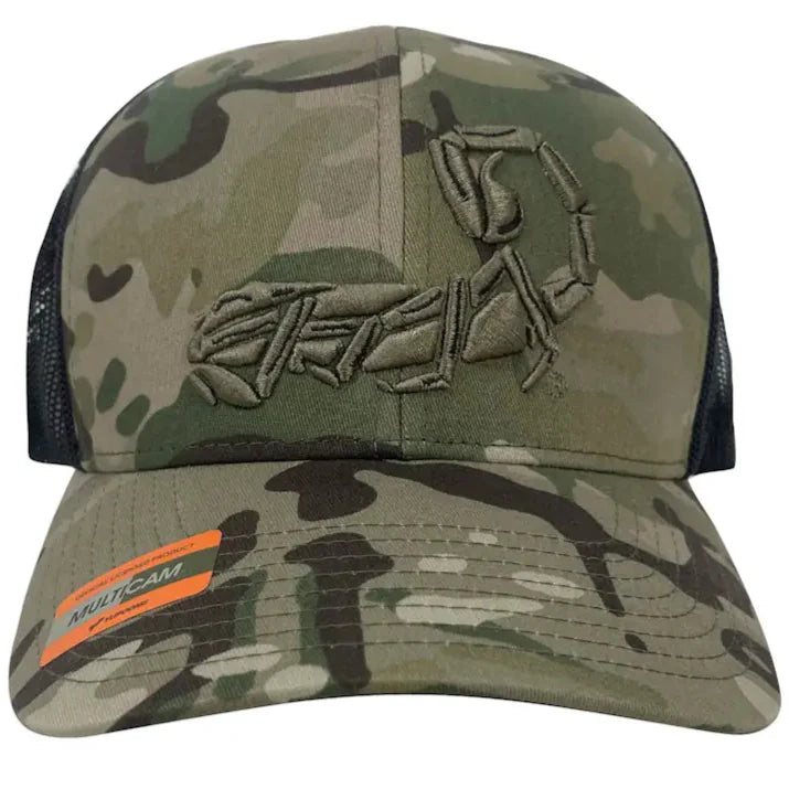 Front view of HCC Tactical Scorpion Trucker Hat with mesh back and embroidered scorpion design.