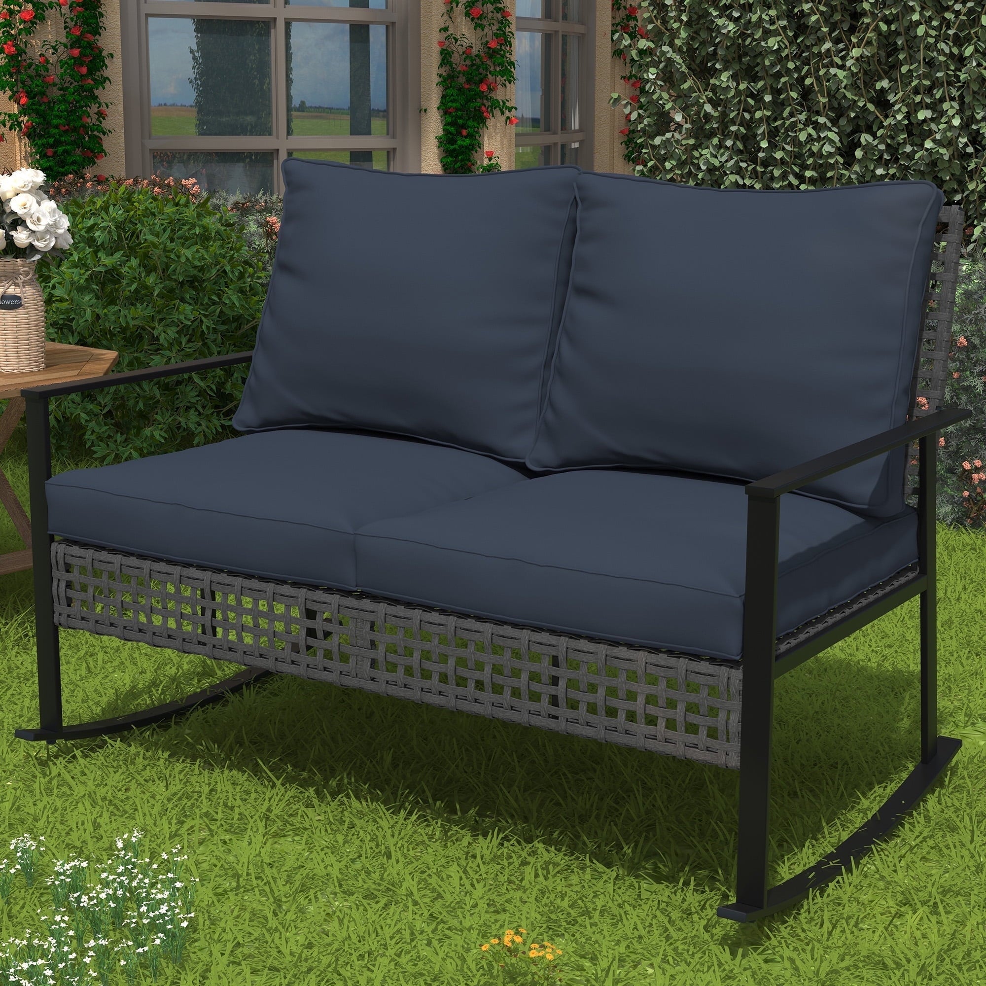 Ainfox Outdoor Patio Furniture Rocking Loveseat, Wicker Rattan Sofa - OVERLANDERS Outfitter