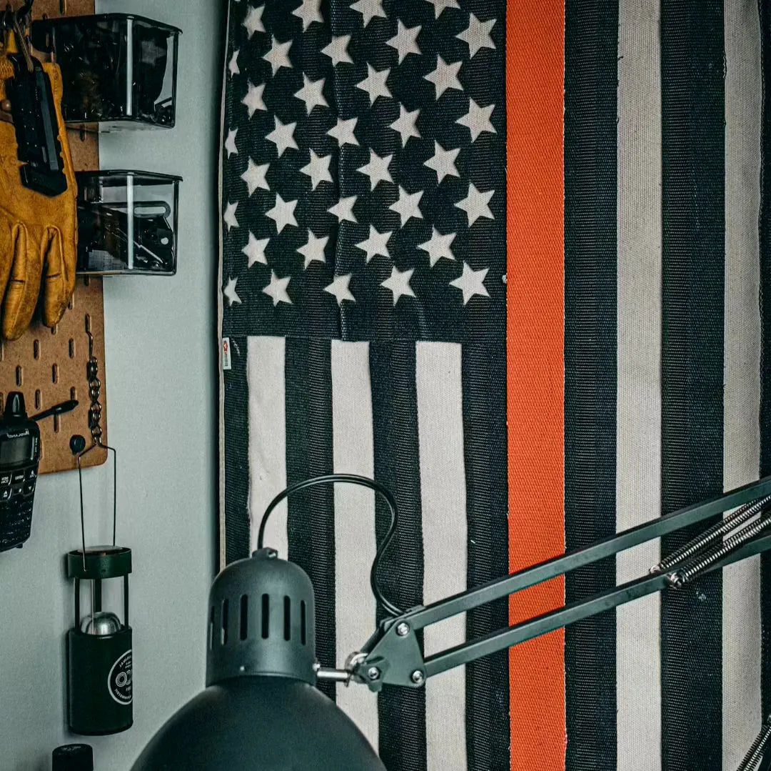 Recycled Firefighter American flag fire hose thin red line all-weather notebook with durable cover and patriotic design.