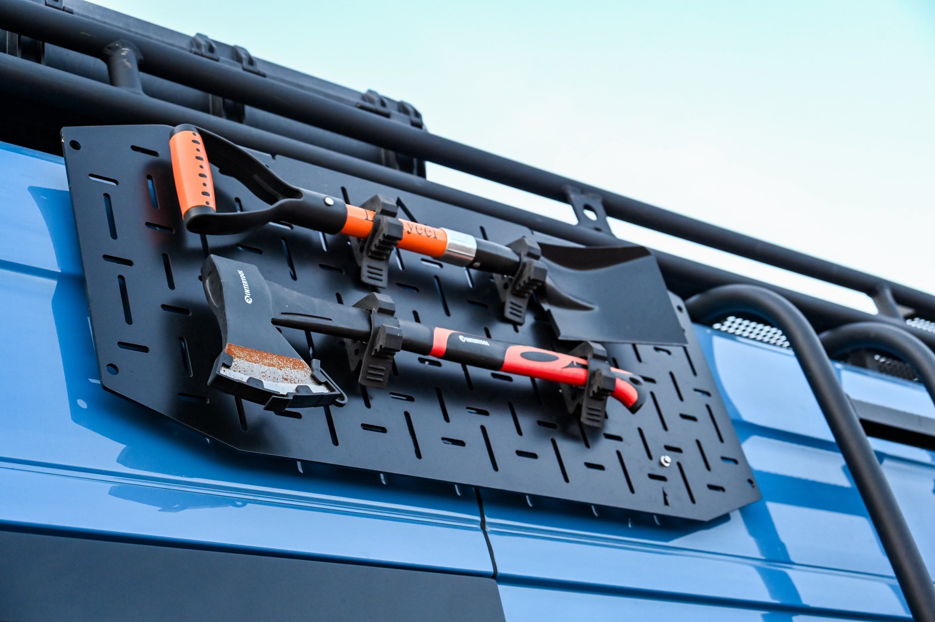 Close-up of Alpine Van Works Alpaca Cargo Plate for Sprinter, an exterior component with durable aluminum construction.