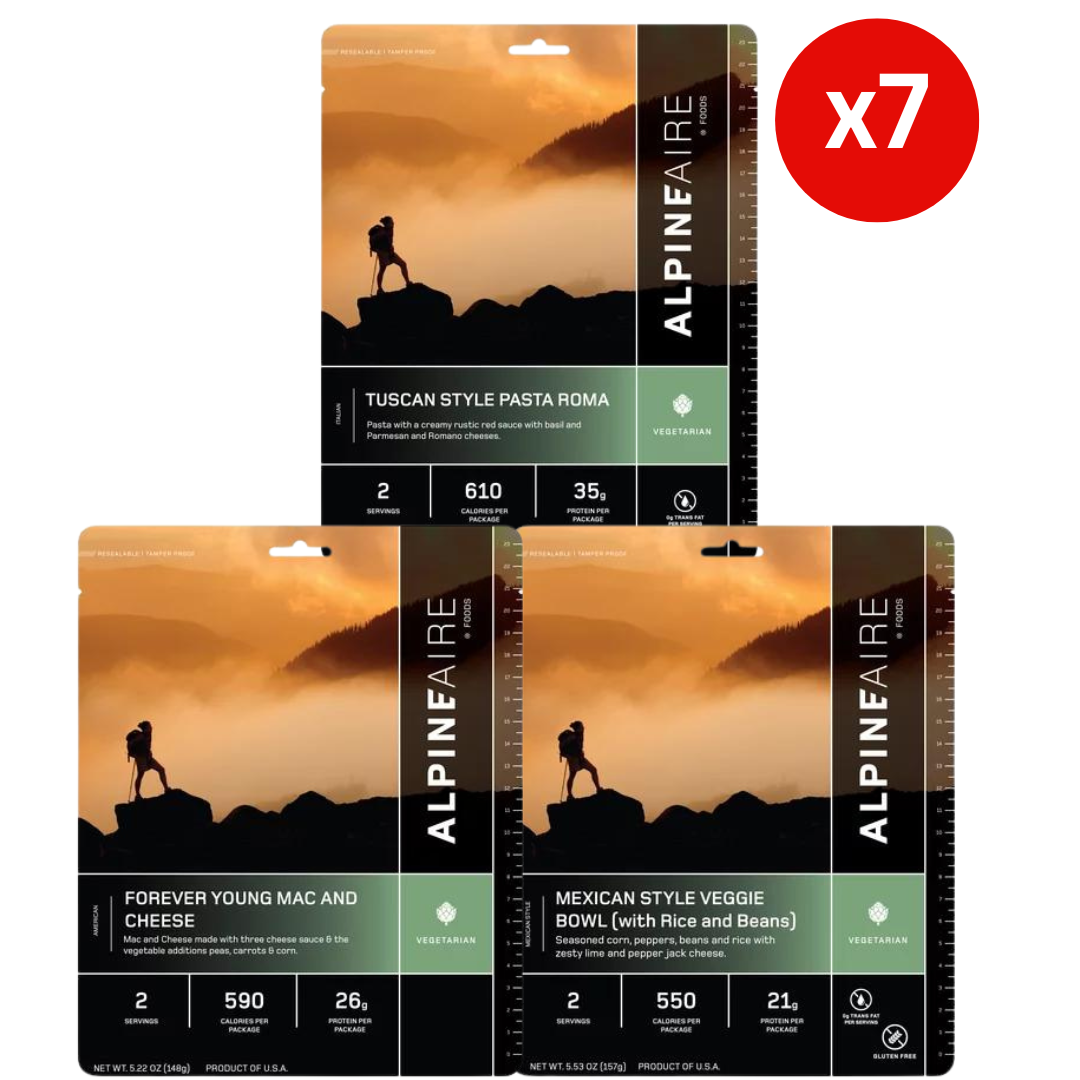 AlpineAire 7-day vegetarian emergency food bundle with 21 pouches, stored in a sturdy food and water storage kit.