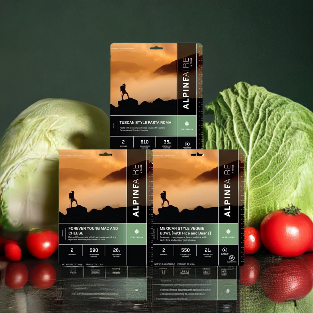 AlpineAire 1-week vegetarian emergency food bundle with 21 pouches, compact long-term food storage by QuakeKits.
