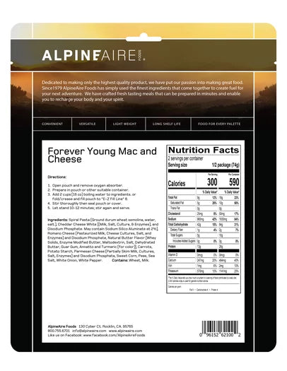 AlpineAire Forever Young Mac and Cheese | Vegetarian Cook-in-Pouch Meal - OVERLANDERS Outfitter
