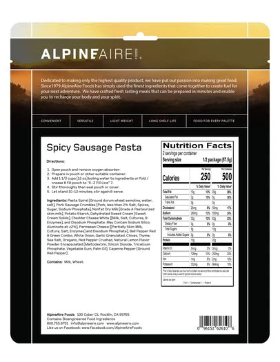 AlpineAire Spicy Sausage Pasta | Cook-in-Pouch Meal - OVERLANDERS Outfitter