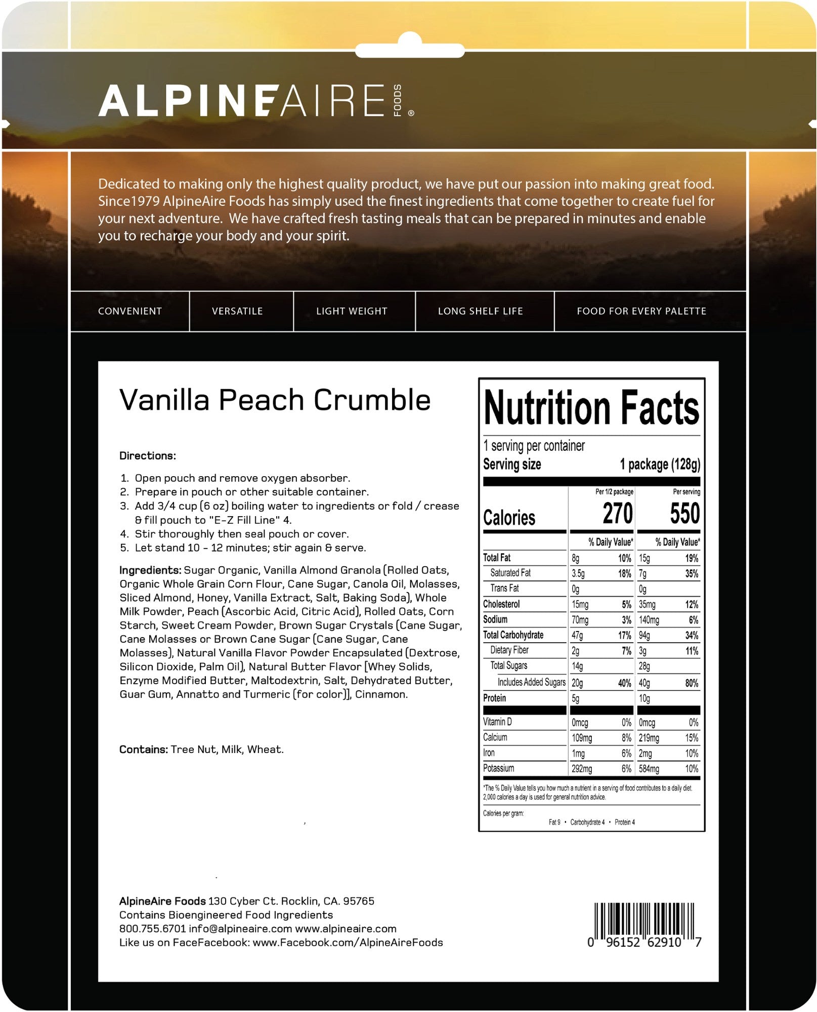 AlpineAire Vanilla Peach Crumble | Cook-in-Pouch Dessert - OVERLANDERS Outfitter