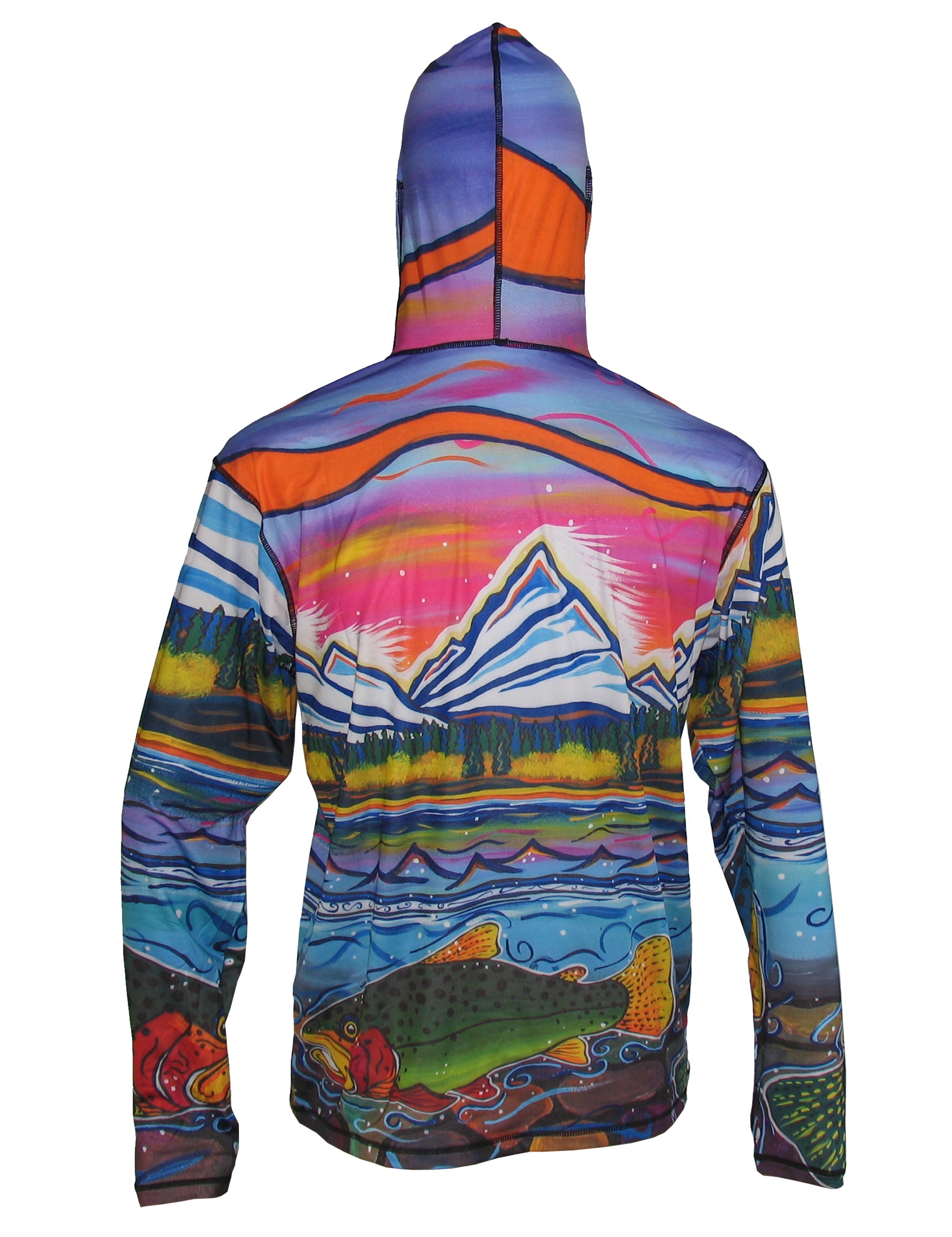 Sunpro hoodie by Cognito Brands featuring a mountain graphic design, showcasing the Alpine Lake scene on the back.