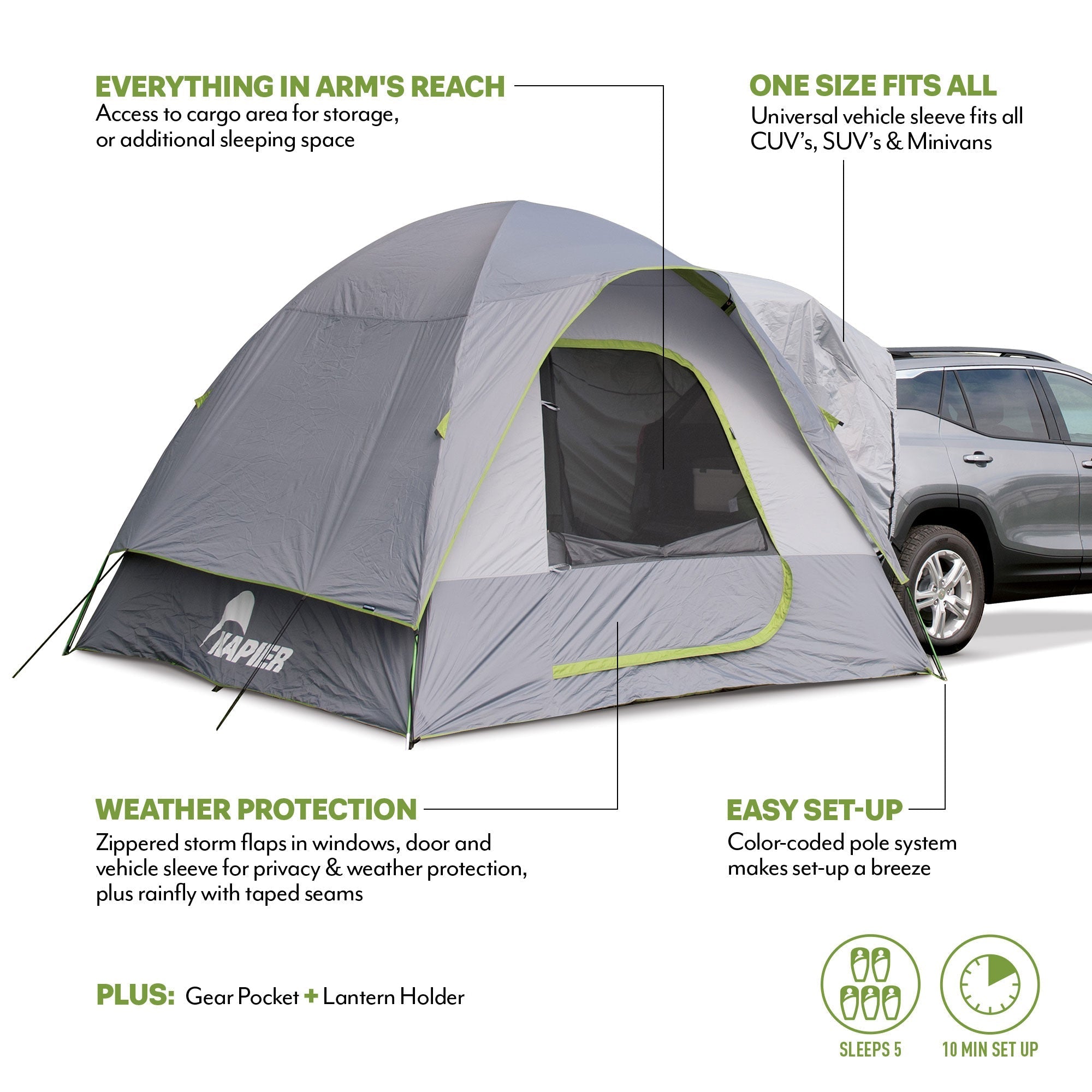 Backroadz SUV Tent by Backcountry Sportsman set up on an SUV, showcasing its spacious design and easy attachment for camping.