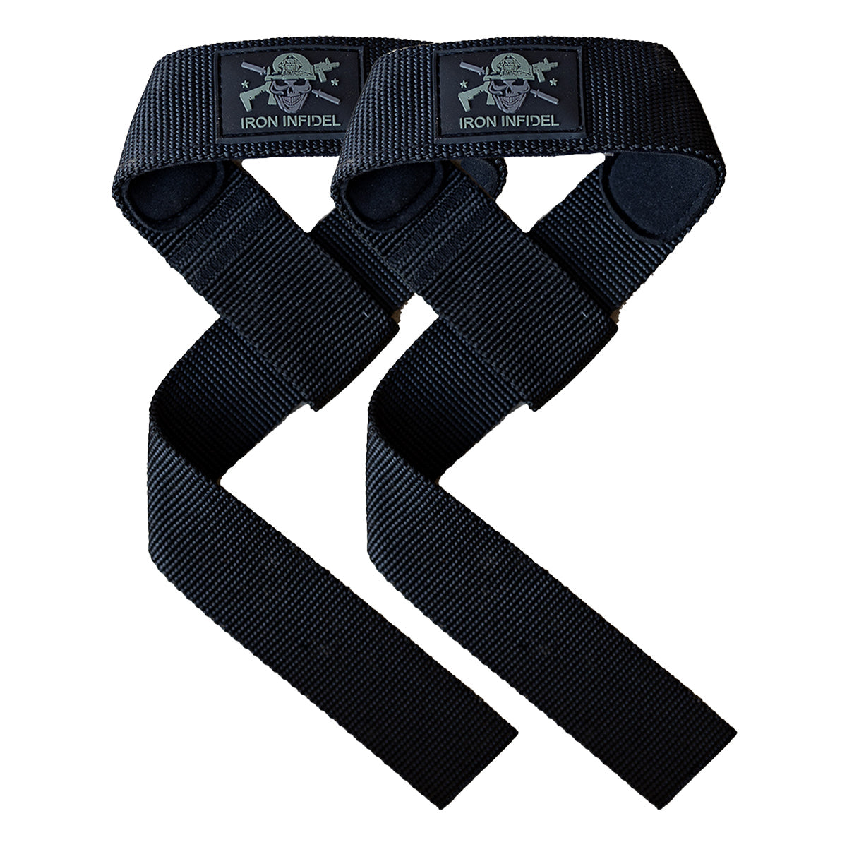 Black Iron Infidel lifting straps for weightlifting and strength training, shown in close-up with textured fabric and reinforced stitching.