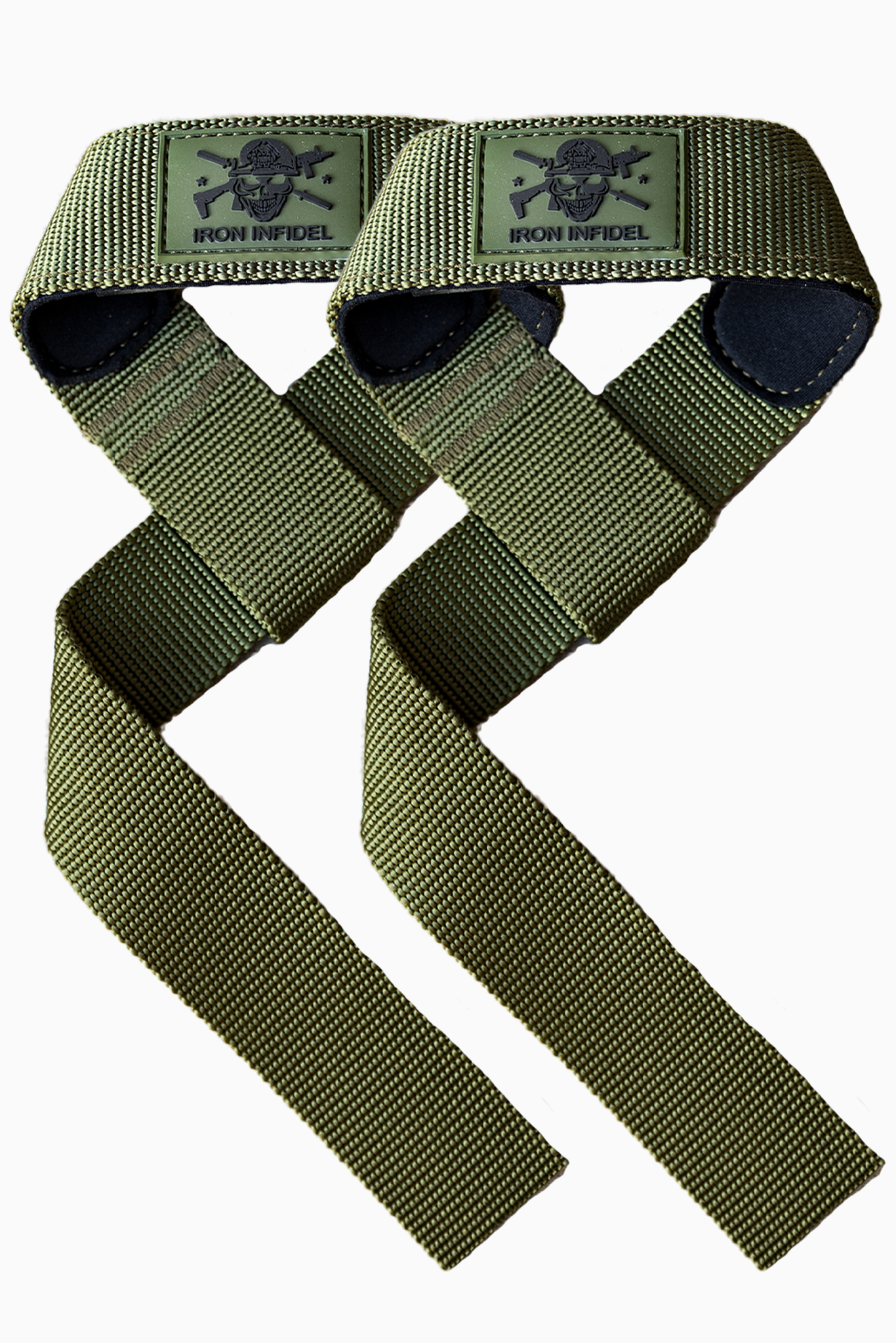 Iron Infidel lifting straps for weightlifting and strength training, shown in a close-up image.