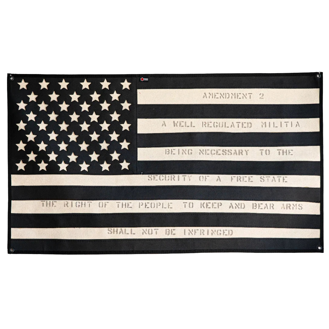 American flag combat boot made of leather, featuring Second Amendment design by Recycled Firefighter on a white background.