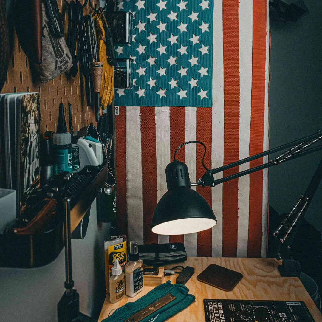 American flag design made from fire hose by Recycled Firefighter, showcasing vibrant red, white, and blue colors.