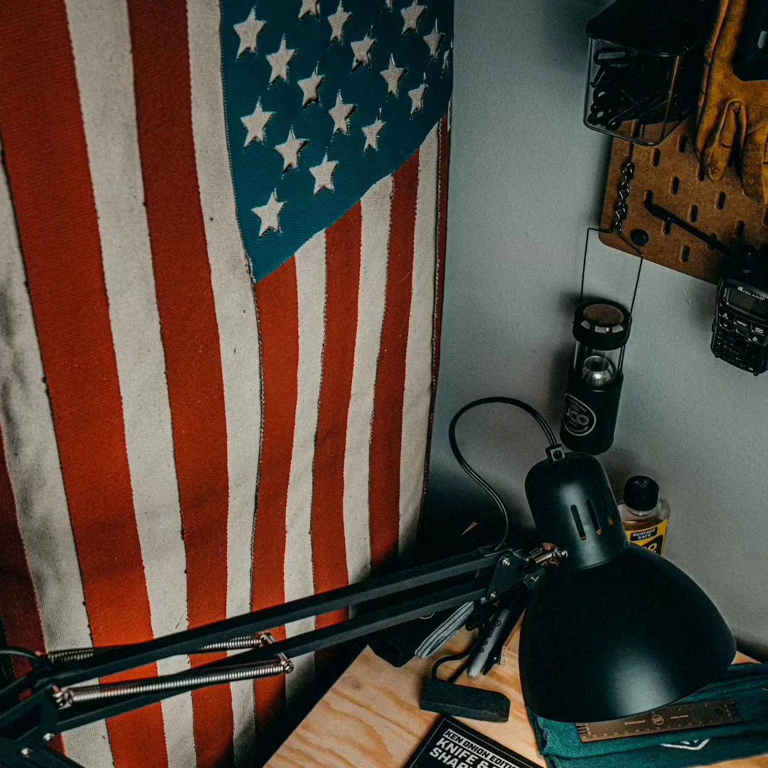 American flag made from recycled fire hose by Recycled Firefighter, showcasing vibrant red, white, and blue colors.