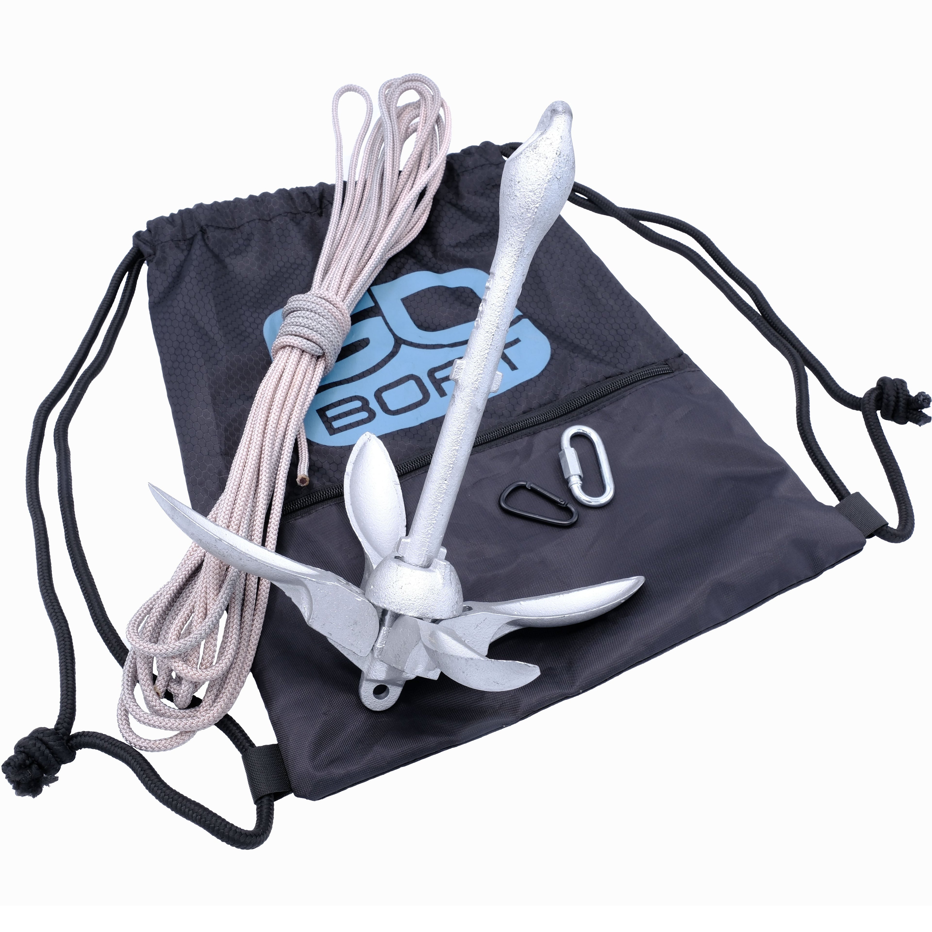 Open GoBoat anchor kit with a sturdy anchor and accessories for secure mooring and boating safety.