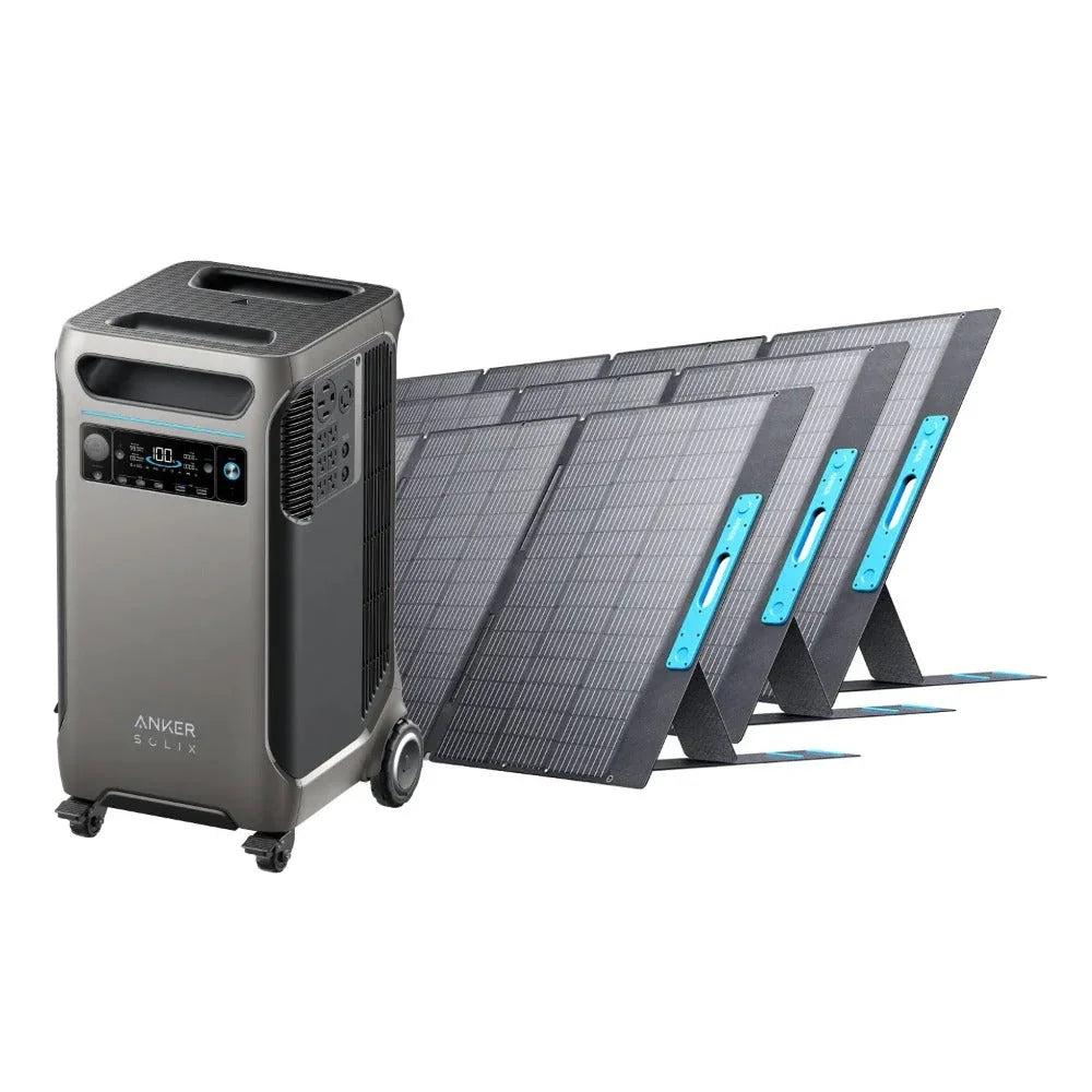 Anker SOLIX F3800 solar generator kit with three 400W solar panels, green Vista Living branding, for portable solar power.