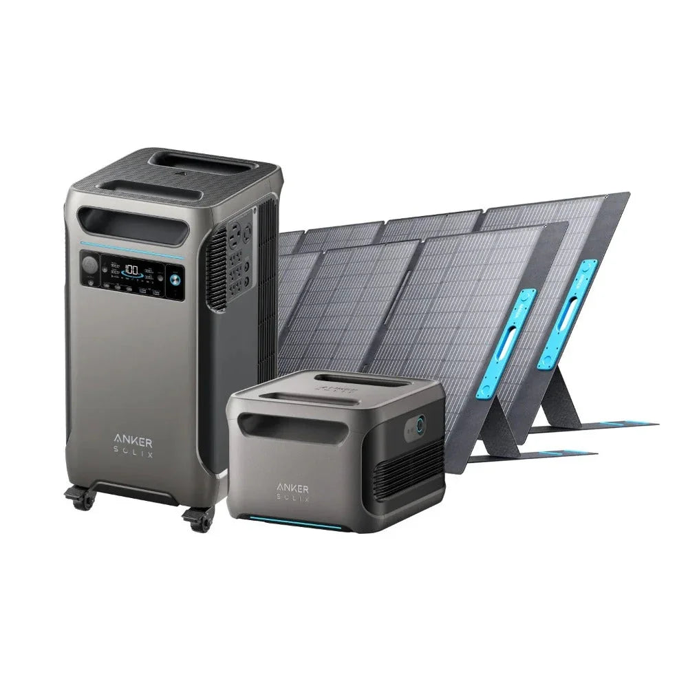 Green Vista Living Anker SOLIX F3800 solar generator kit with expansion battery and two 400W solar panels in outdoor setting