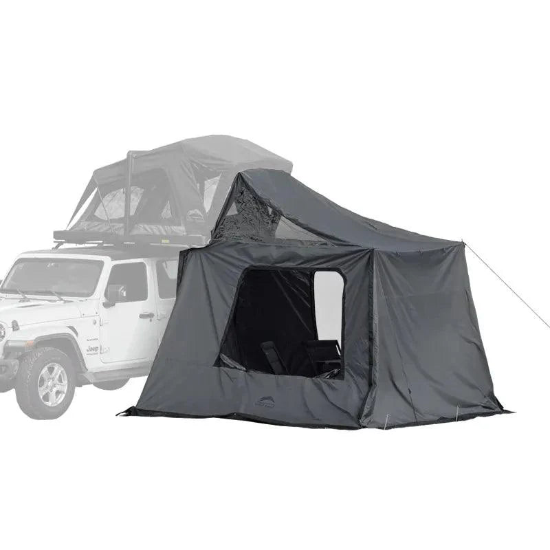 Wild Land Annex for OrthFrame side car awning attached to Summit Explorer roof tent, overlanding gear for outdoor camping.