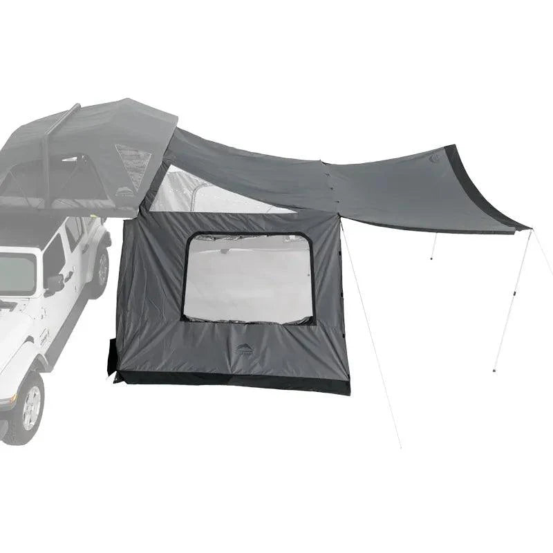 Wild Land Annex side car awning attached to OrthFrame Summit Explorer roof tent, ideal for overlanding and outdoor camping adventures.