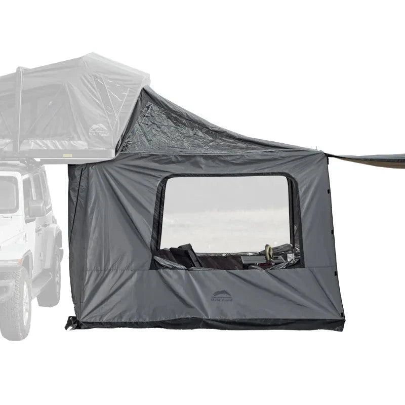 Wild Land Annex for OrthFrame side car awning attached to Summit Explorer roof top tent, providing additional overlanding shelter.