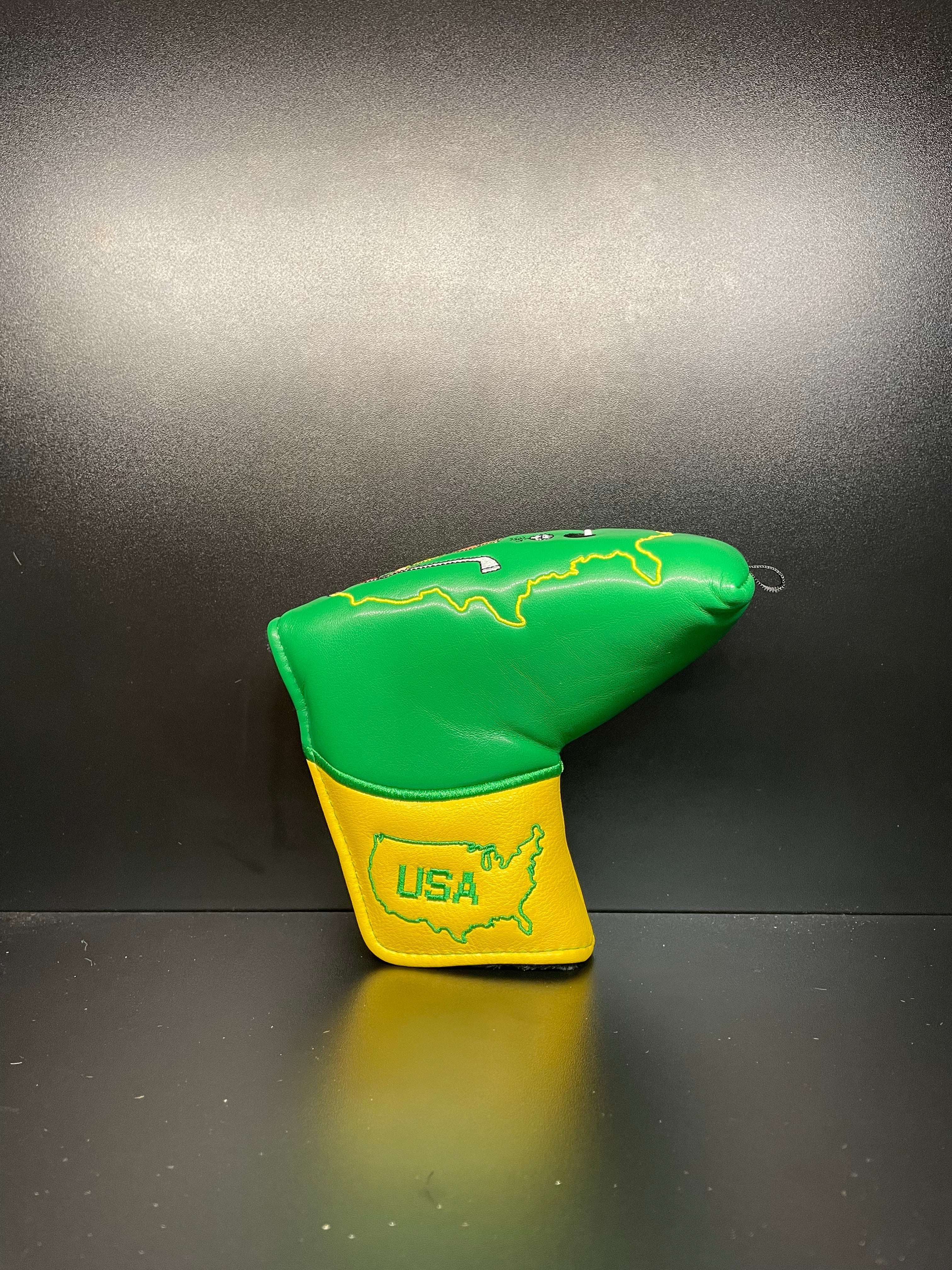 Approaching Masters golf club headcover by ParWestGolf featuring a detailed design, fits standard driver or wood clubs.