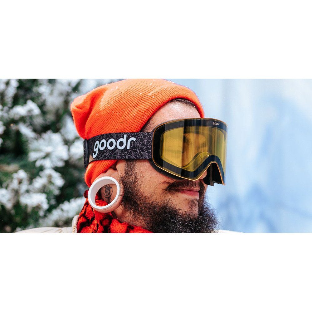 Rare Air Discs Apres All Day snow goggles with polarized lenses, worn on face, designed for winter sports and outdoor activities.