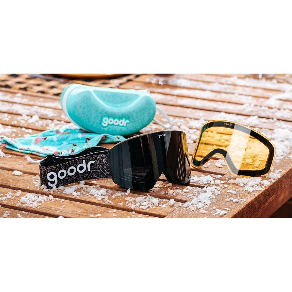 Rare Air Discs Apres All Day snow goggles with polarized lenses, adjustable strap, and protective frame for winter sports.