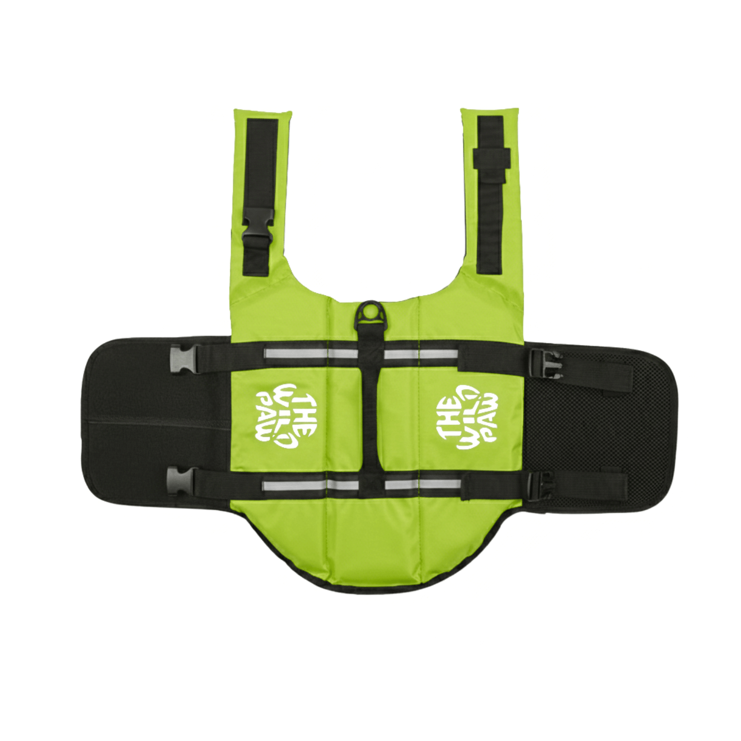 Yellow AquaGuard Pro life jacket by The Wild Paw, featuring adjustable straps and safety reflective patches.