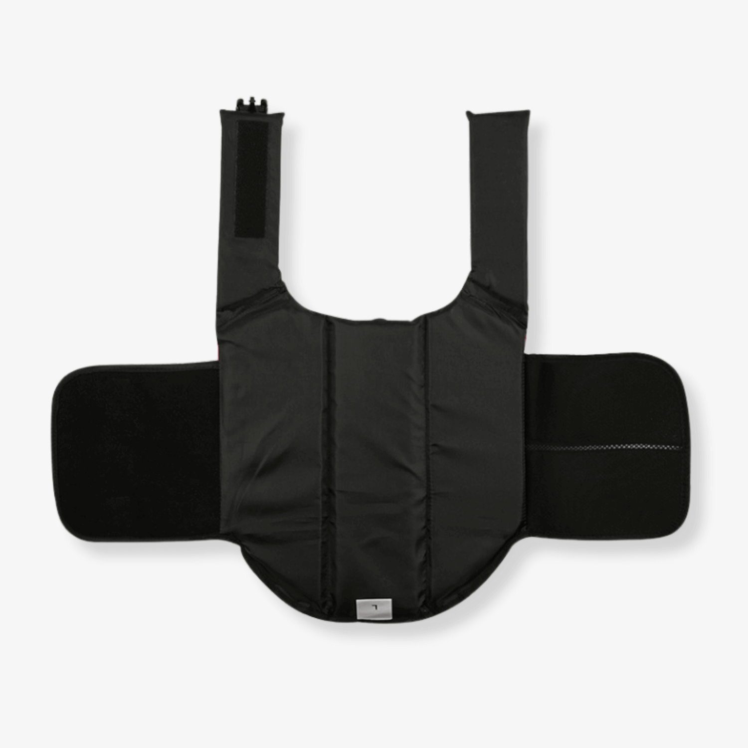 Inside view of The Wild Paw AquaGuard Pro Life Jacket featuring adjustable straps and foam padding for safety and comfort.