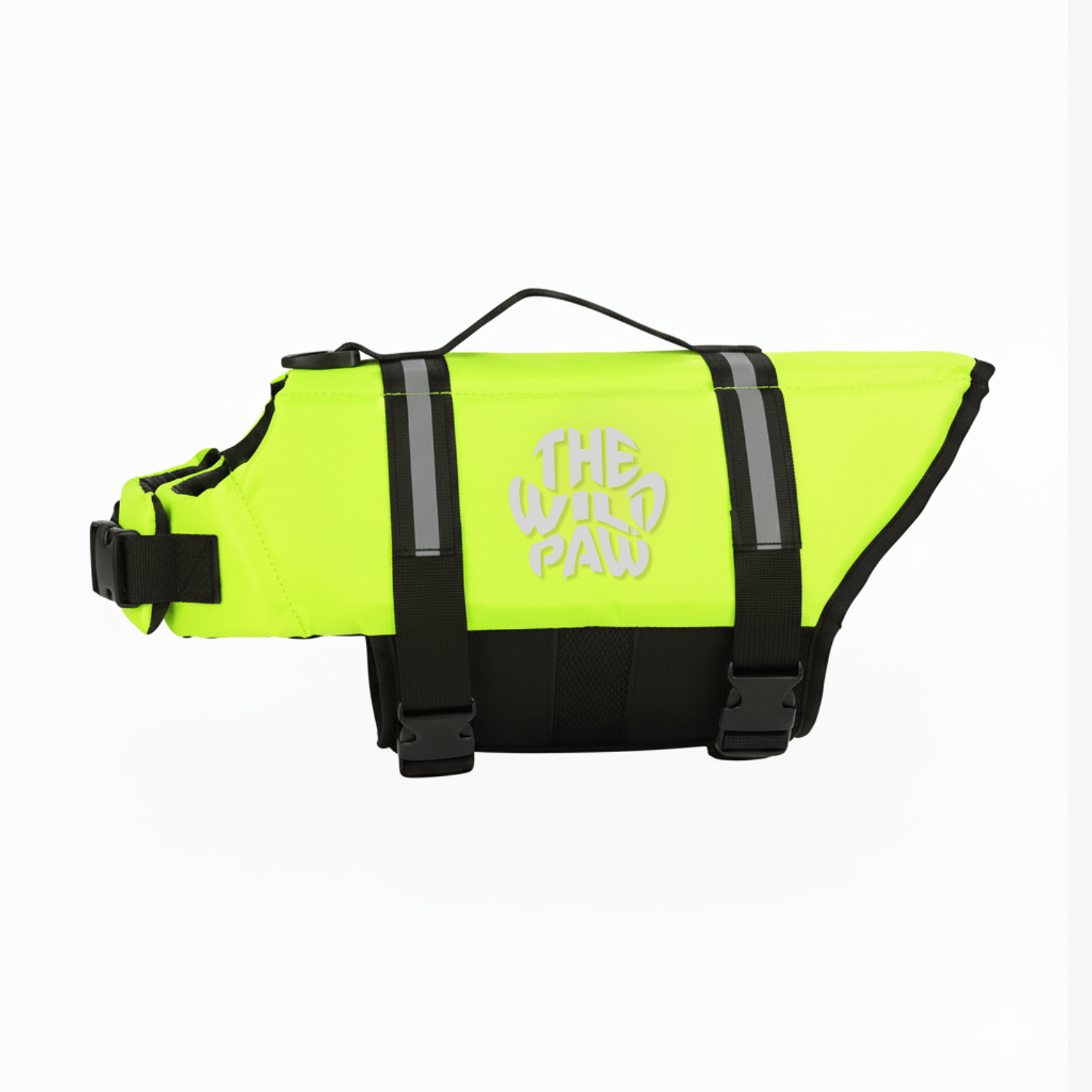 Yellow AquaGuard Pro Life Jacket by The Wild Paw with reflective strips and adjustable straps for safety and comfort.