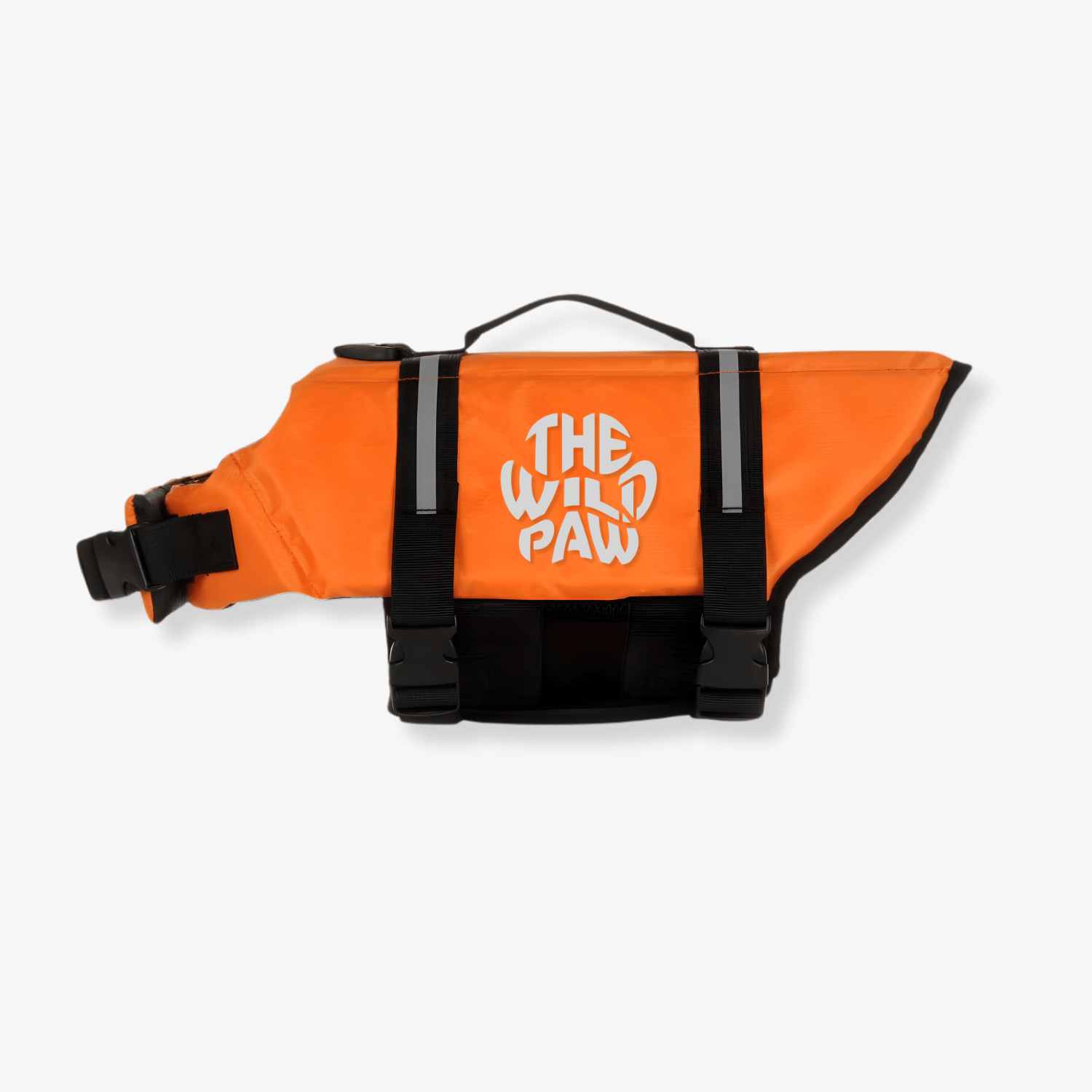 Bright orange AquaGuard Pro life jacket by The Wild Paw, designed for safety and comfort during water activities.