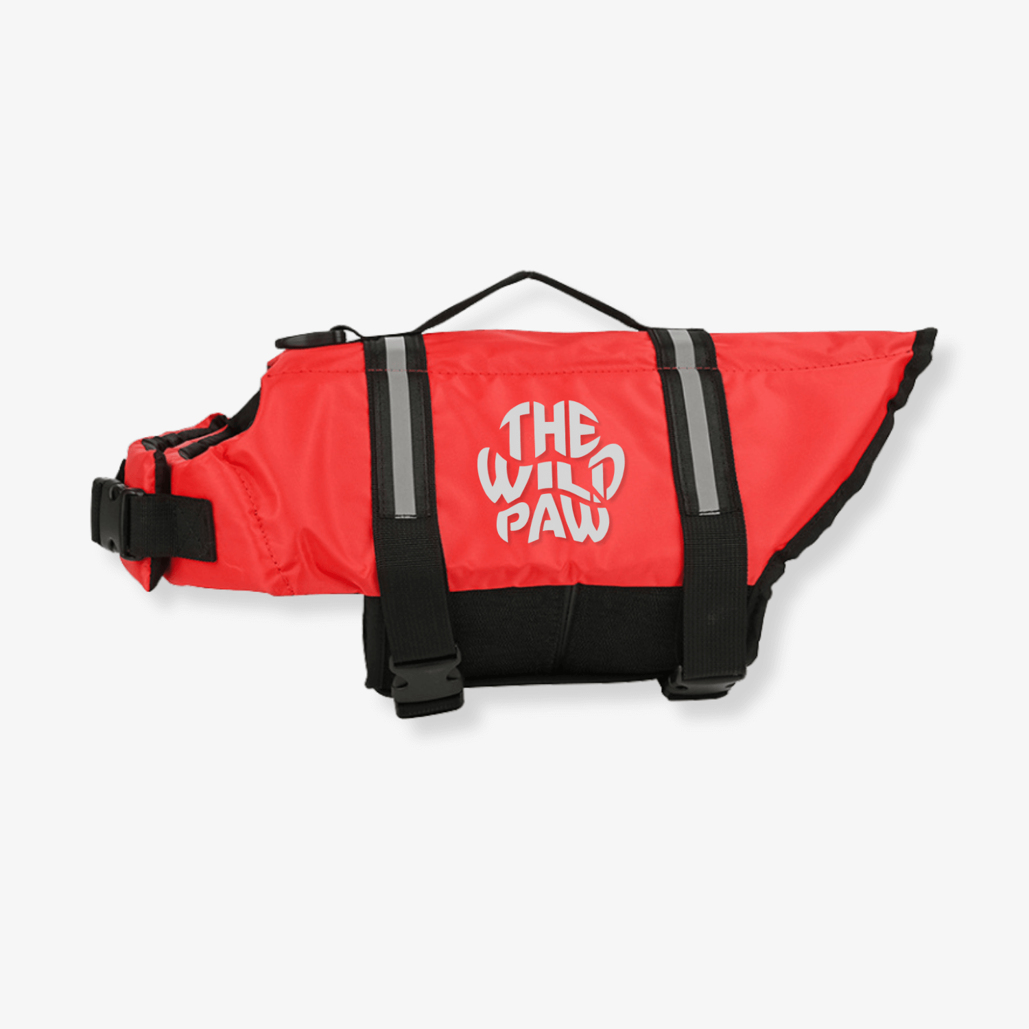 Red AquaGuard Pro Life Jacket by The Wild Paw, featuring adjustable straps and safety buckles for secure flotation.