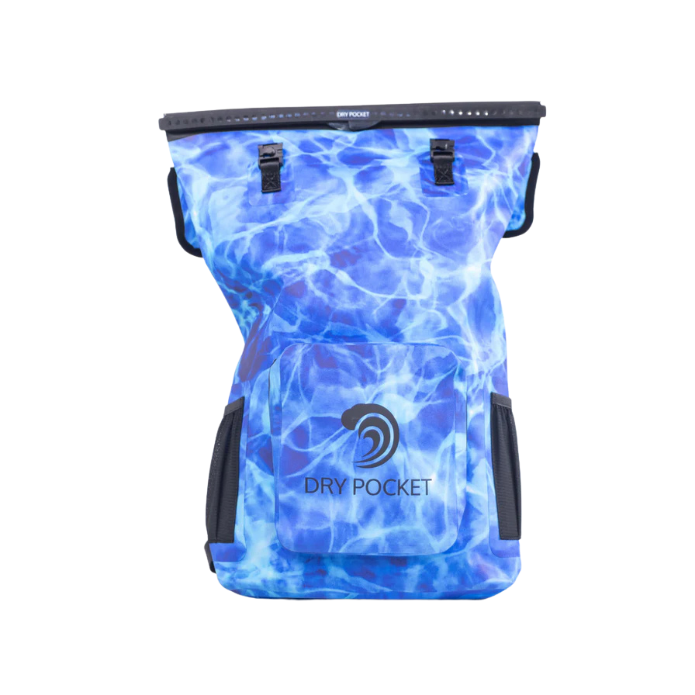 Aqua blue Dry Pocket waterproof floating backpack dry bag for outdoor and water activities, showcasing its durable, secure design.
