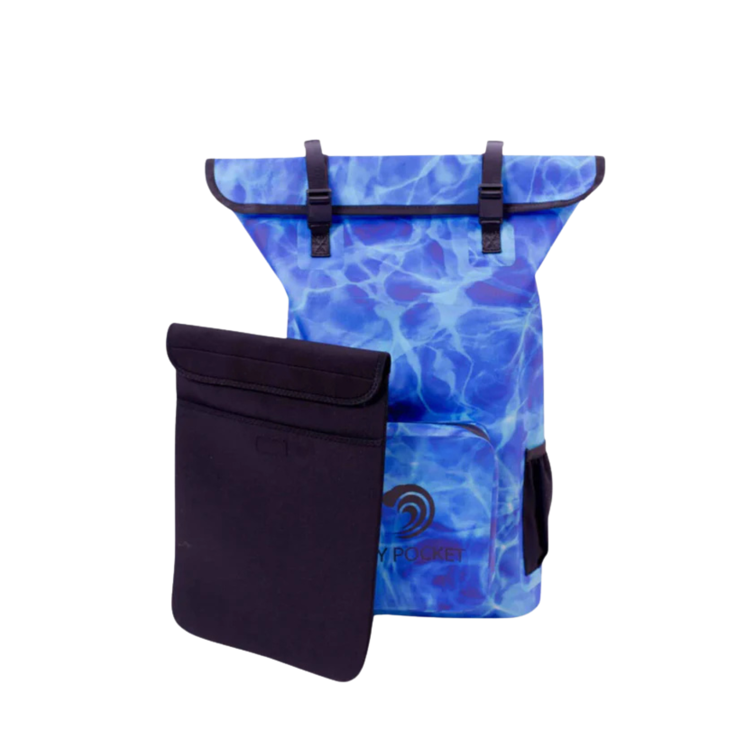 Aqua blue Dry Pocket waterproof floating backpack dry bag for luggage and outdoor activities, showing its compact, durable design.