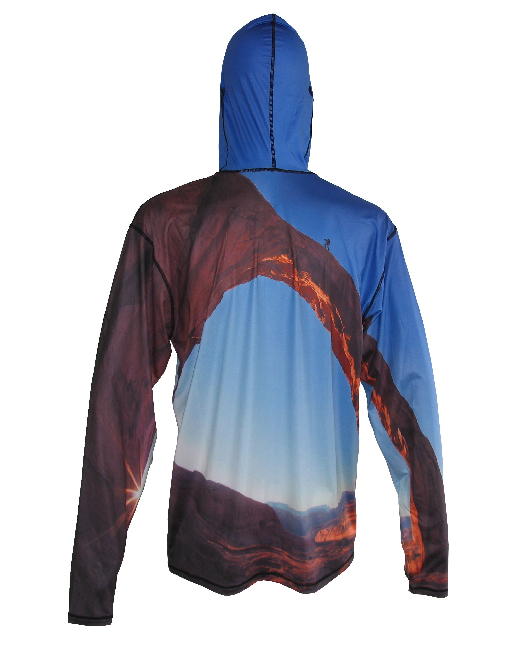 Light gray sunpro hoodie with mountain and arch climber graphic on the back, from Cognito Brands, Inc.