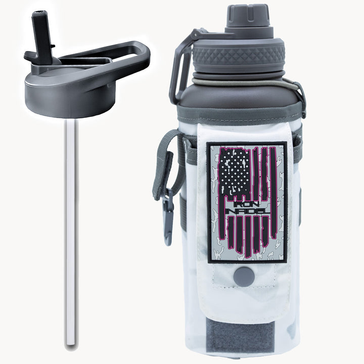 Iron Infidel 32oz Arctic Camo Compact Water Bottle with secure lid and ergonomic design for hydration on the go.