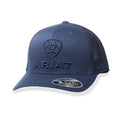 Navy Ariat 110 Logo Trucker Cap with mesh back and adjustable snap closure, men's headwear by HatCountry.