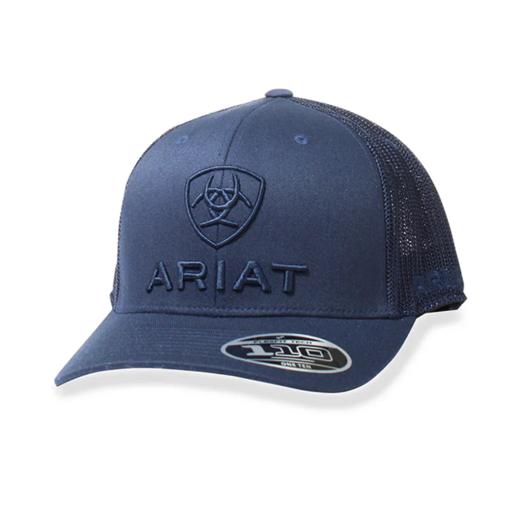 Navy Ariat 110 Logo Trucker Cap with mesh back and adjustable snap closure, men's headwear by HatCountry.