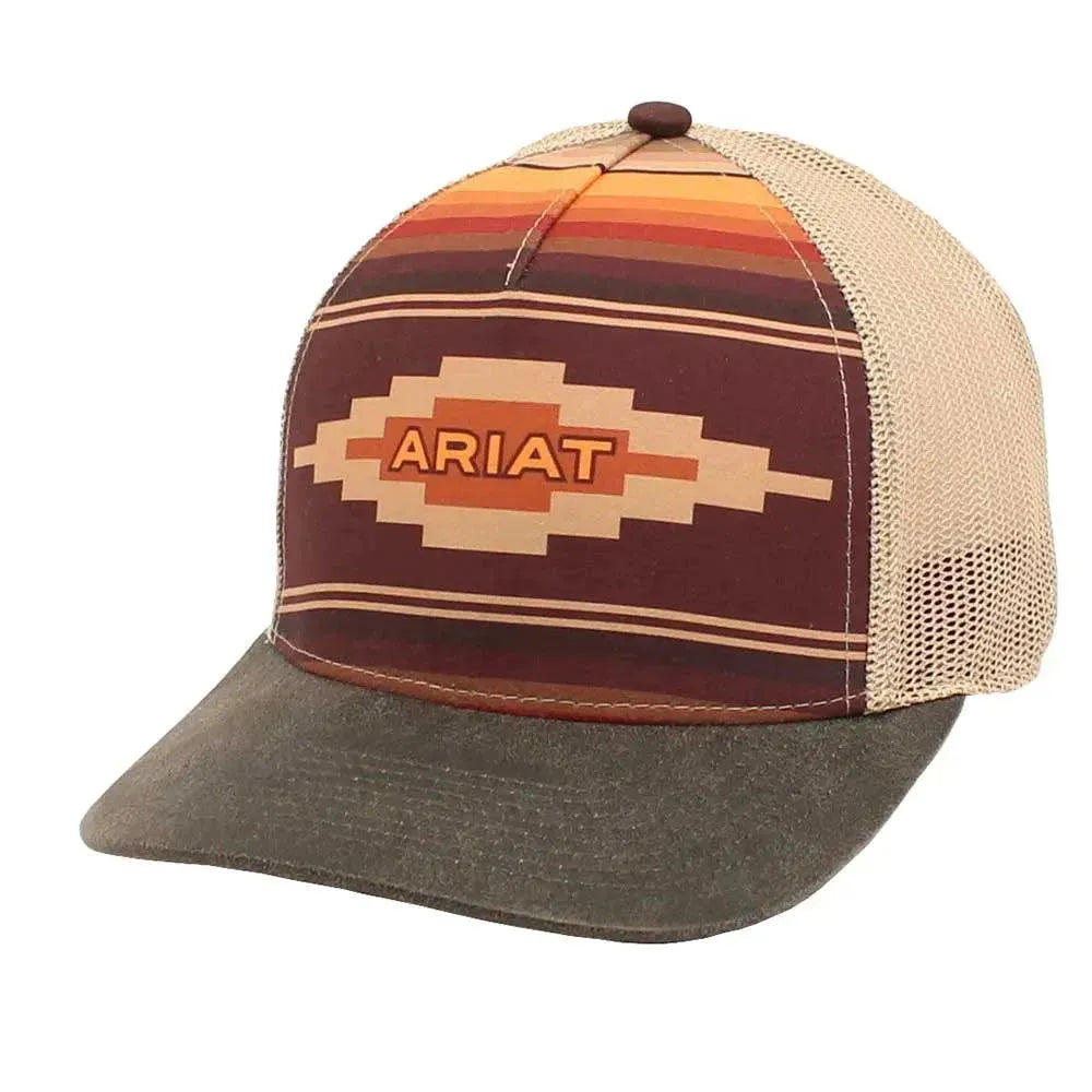 Ariat tan Aztec trucker cap with mesh back and embroidered front design, casual headwear for outdoor and everyday wear.