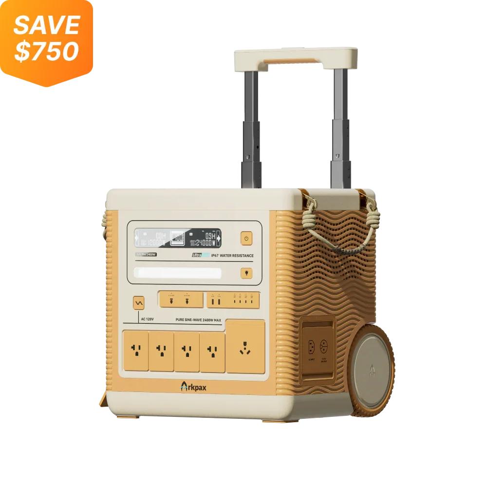 Green Vista Living Arkpax Ark PRO 2400W portable power station with IP67 waterproof rating, professional-grade for outdoor use