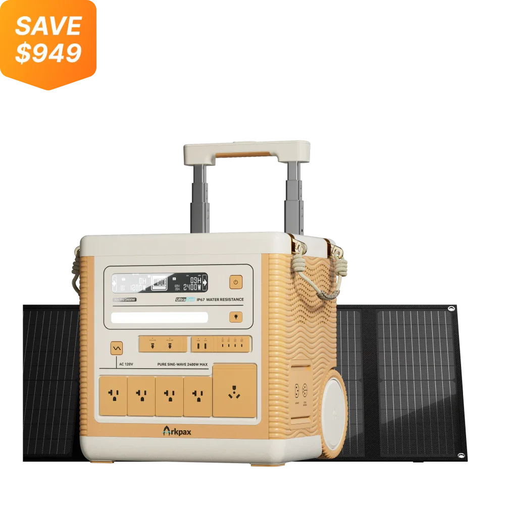 Green Vista Living Arkpax Ark PRO 2400W portable power station with IP67 water-resistant rating and professional-grade design.