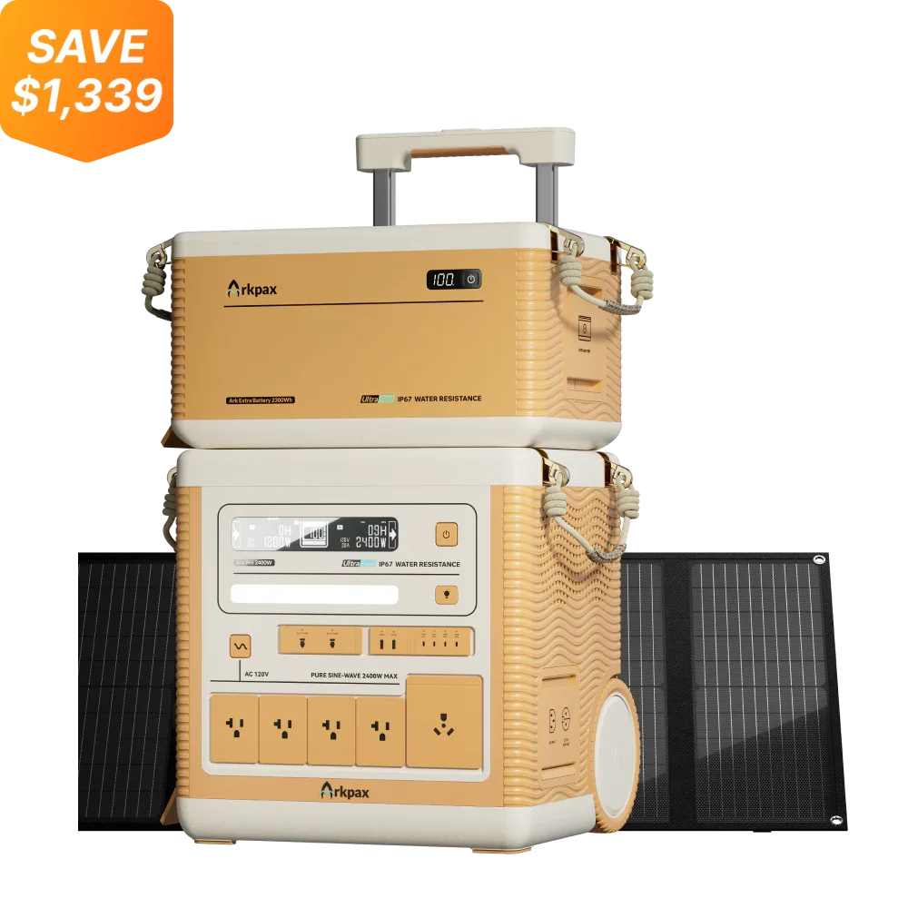 Green Vista Living Arkpax Ark PRO 2400W portable power station with IP67 weatherproof rating, featuring multiple outlets and rugged design.