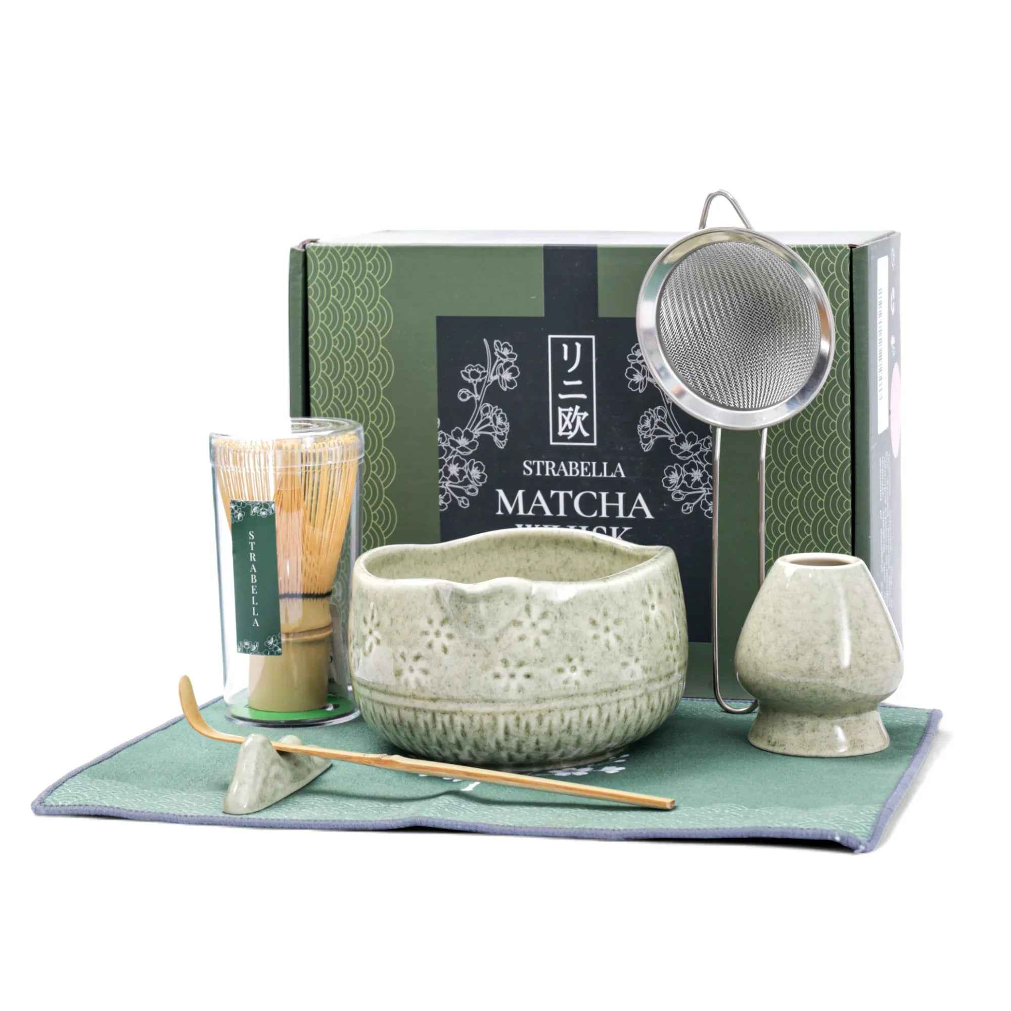 Strabella-Home matcha whisk set with bamboo whisk and ceramic bowl for traditional tea preparation and holiday gift display