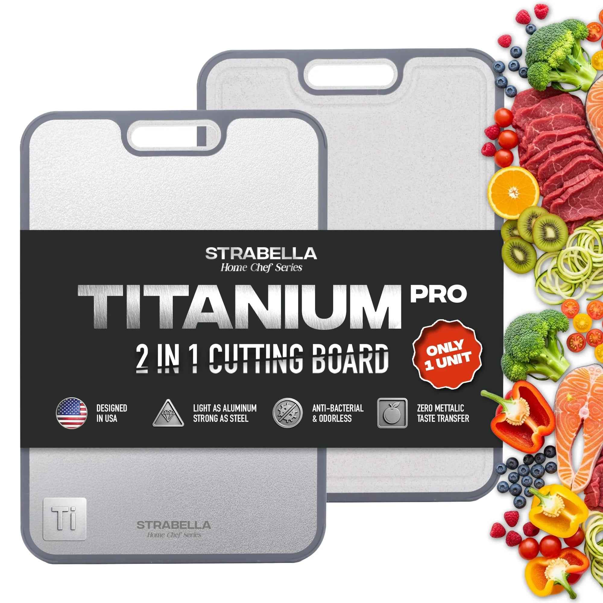 Strabella Titanium Cutting Board with antibacterial surface and scratch-resistant design, shown on a kitchen countertop.