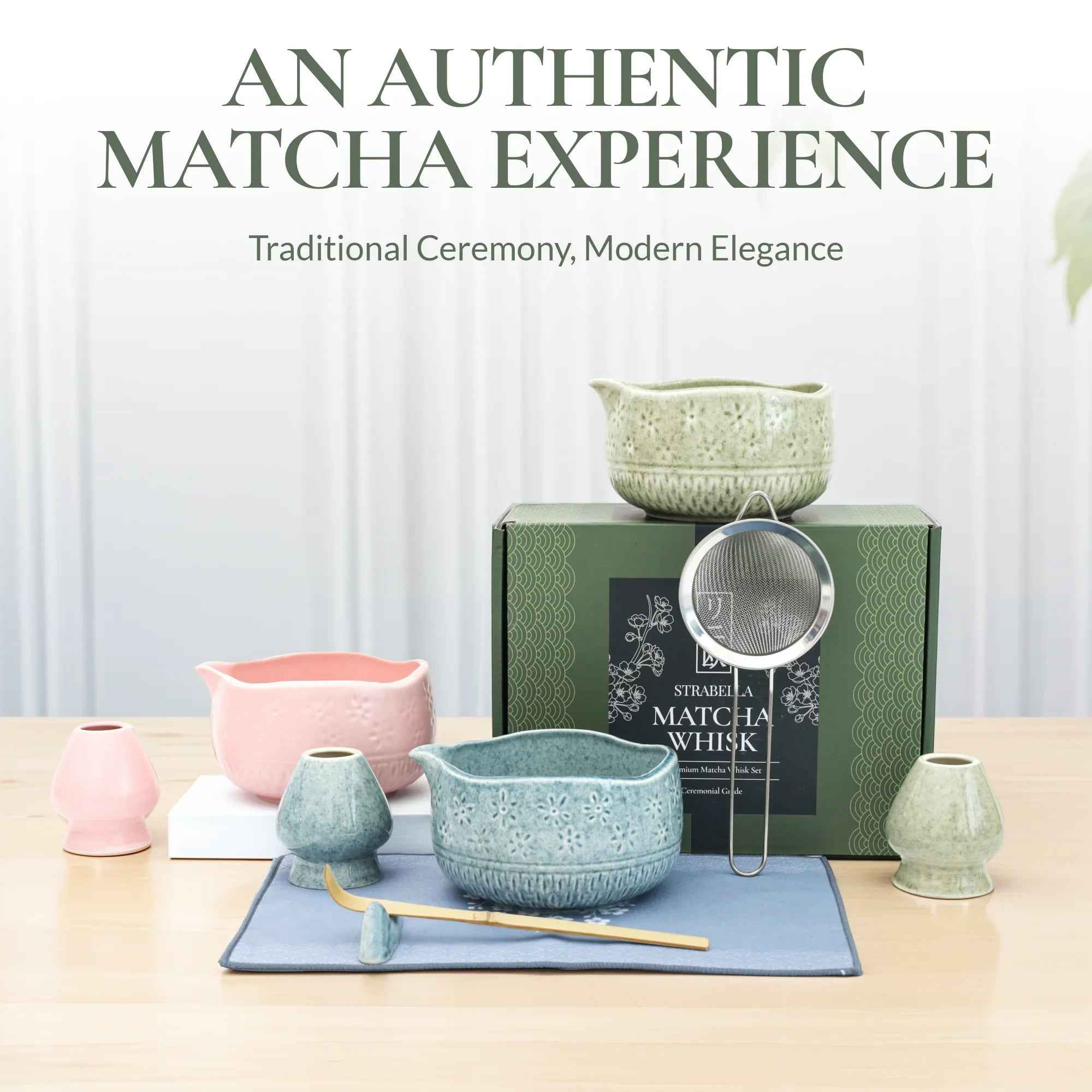 Strabella-Home matcha whisk set with a bamboo whisk and ceramic bowl for preparing matcha tea, perfect for holiday gift sets.