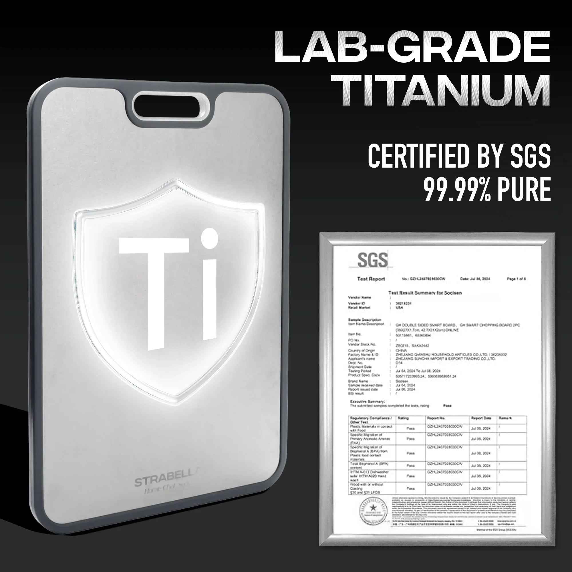 Strabella-Home titanium cutting board with antibacterial and scratch-resistant surface, shown on a kitchen countertop.