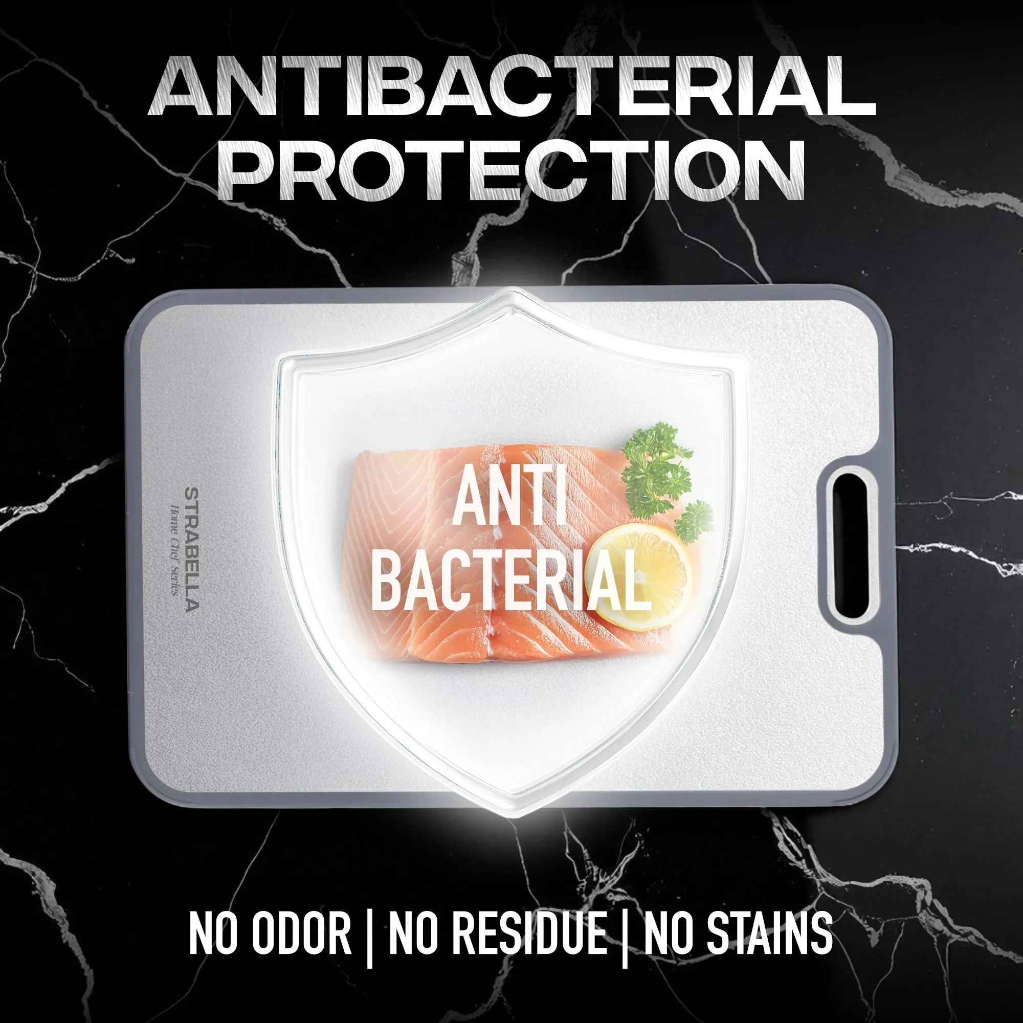 Strabella titanium cutting board with antibacterial and scratch-resistant surface, shown with food preparation in a modern kitchen setting.
